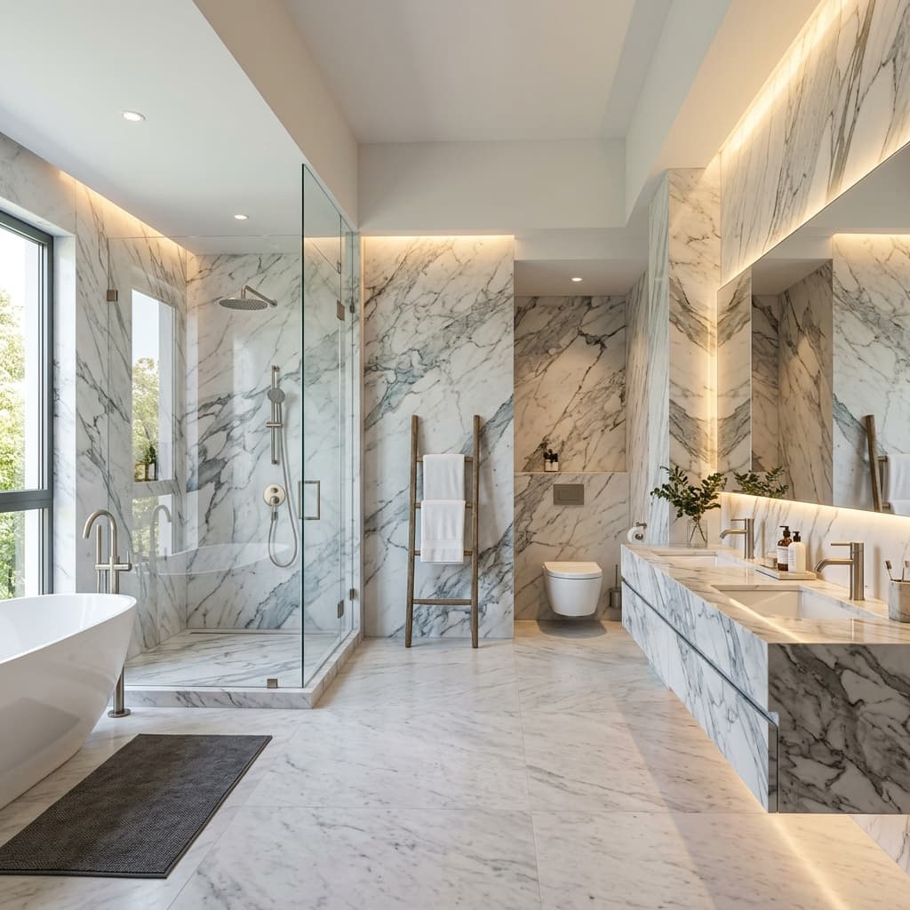 Bagno rivestito in marmo bianco con venature grigie a Chieri